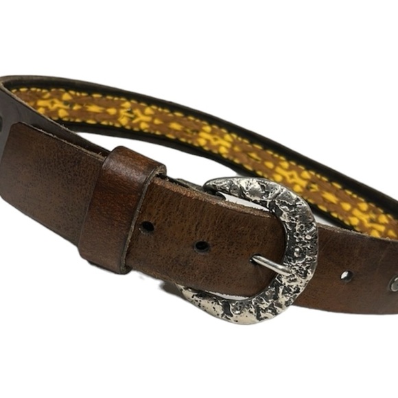 VTG Chunky Leather Studded Jacquard Belt, Wide Unisex Bohemian Tapestry Moto - Picture 3 of 12